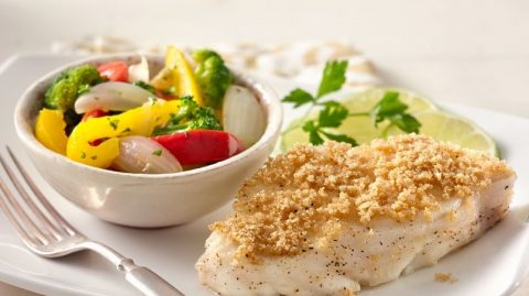 Amaranth crusted fish with stir fried vegetables